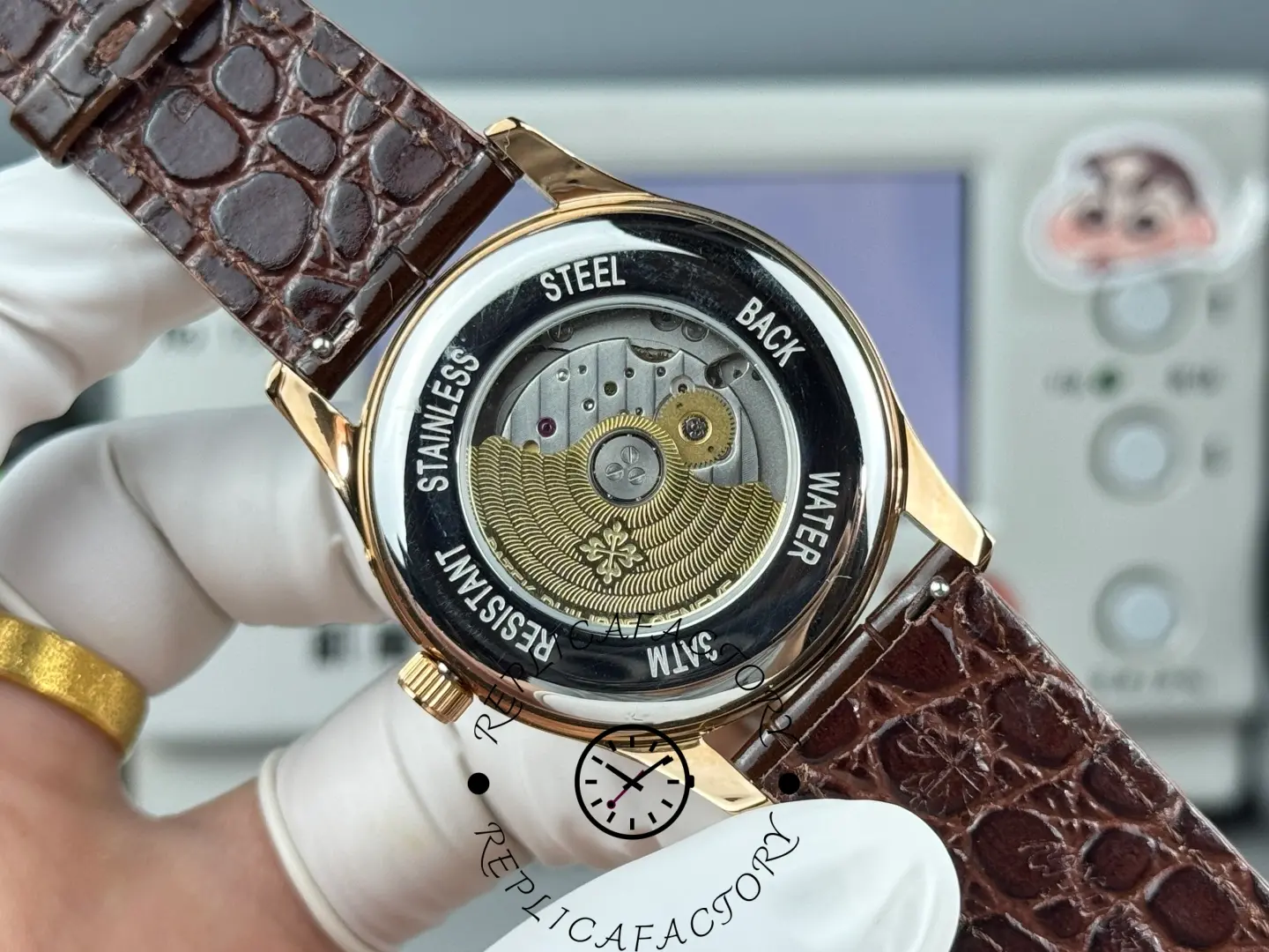 Back view of Patek Philippe 5496R-001 replica showcasing exhibition movement.