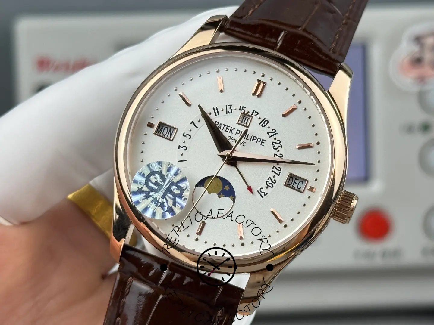 Side angle of Patek Philippe 5496R-001 replica showing polished rose-gold case.