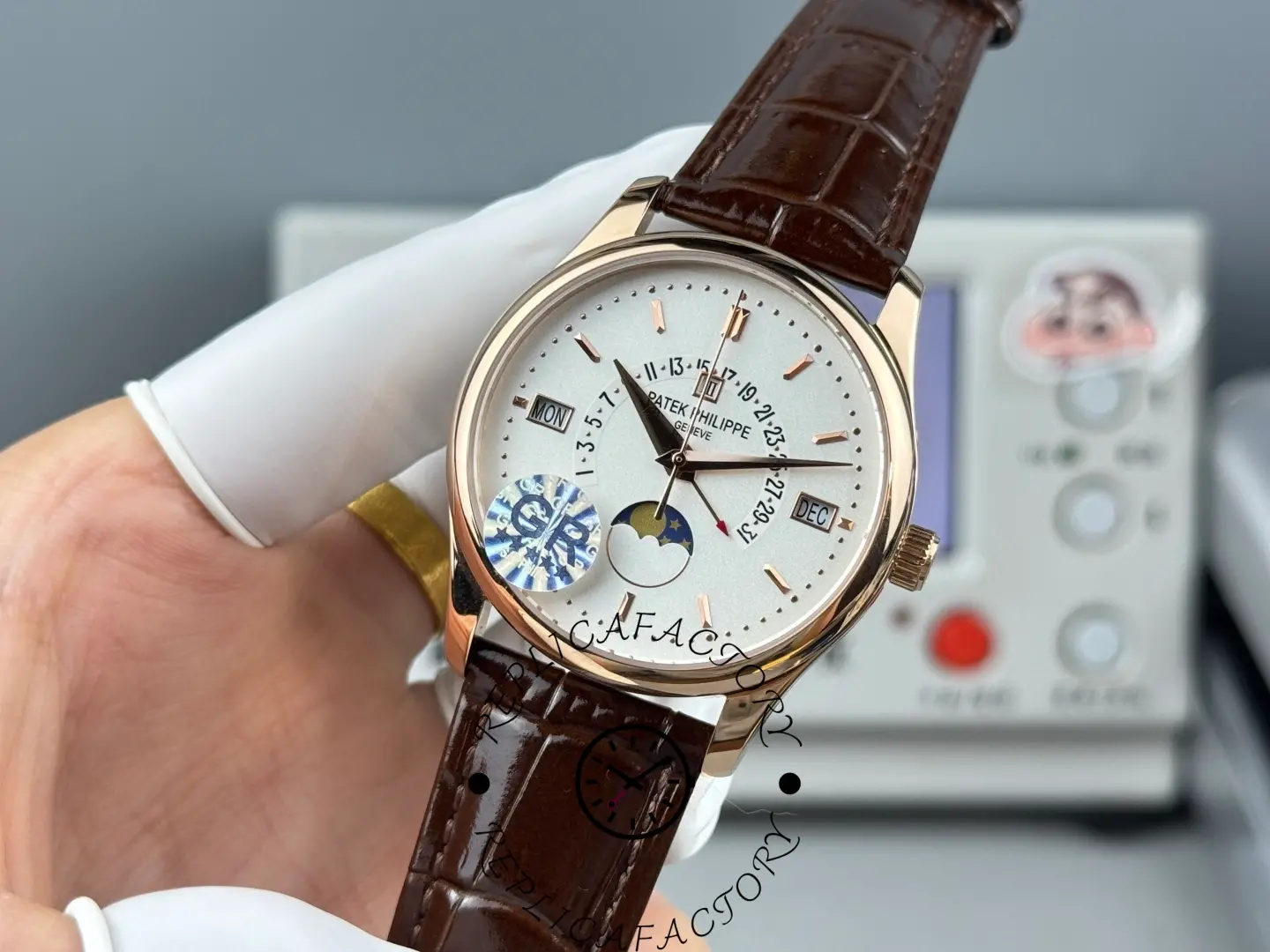 Patek Philippe 5496R-001 replica showing detailed moonphase and rose-gold markers.