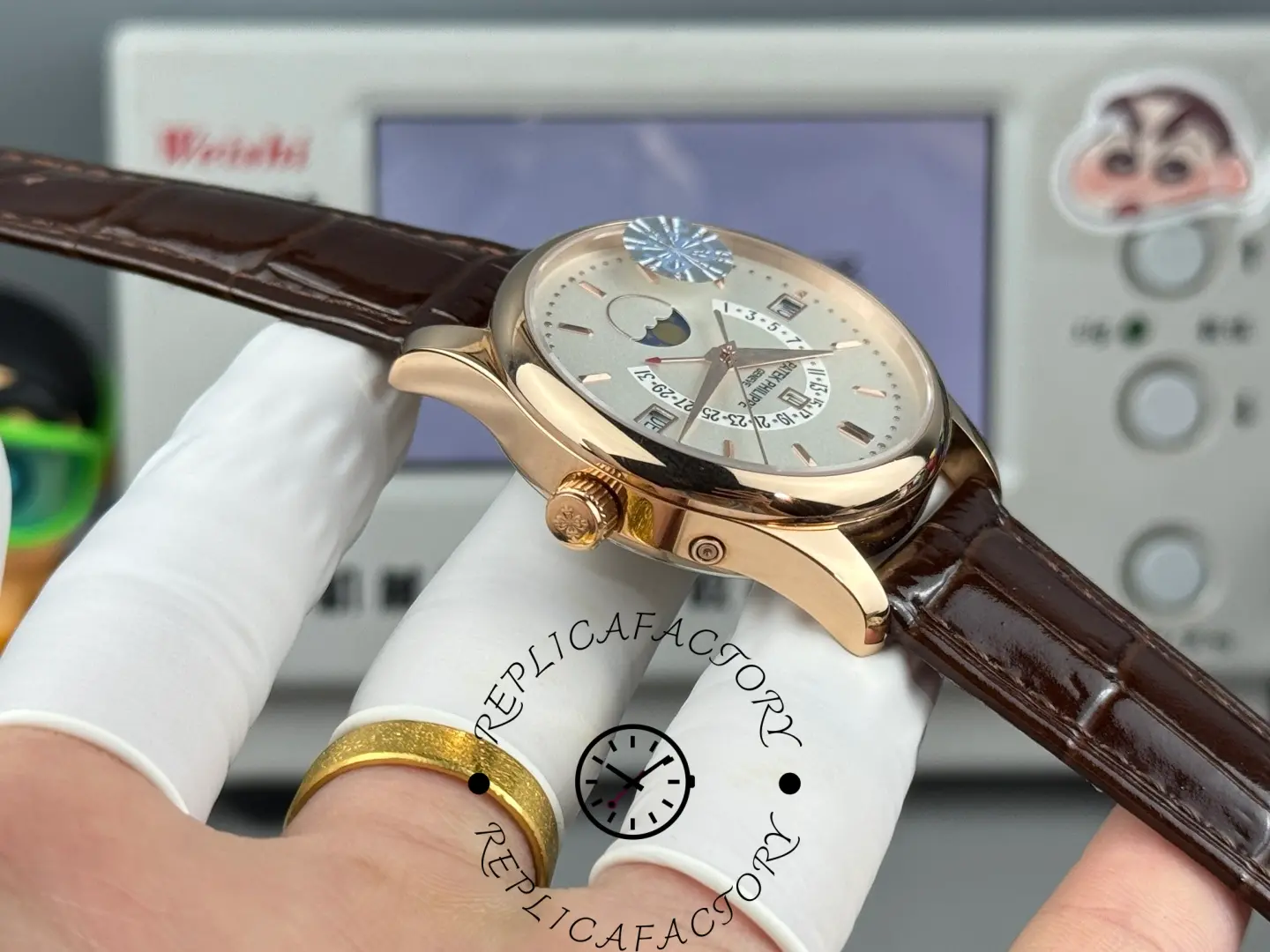 Side profile of Patek Philippe 5496R-001 replica with crown and leather strap view.