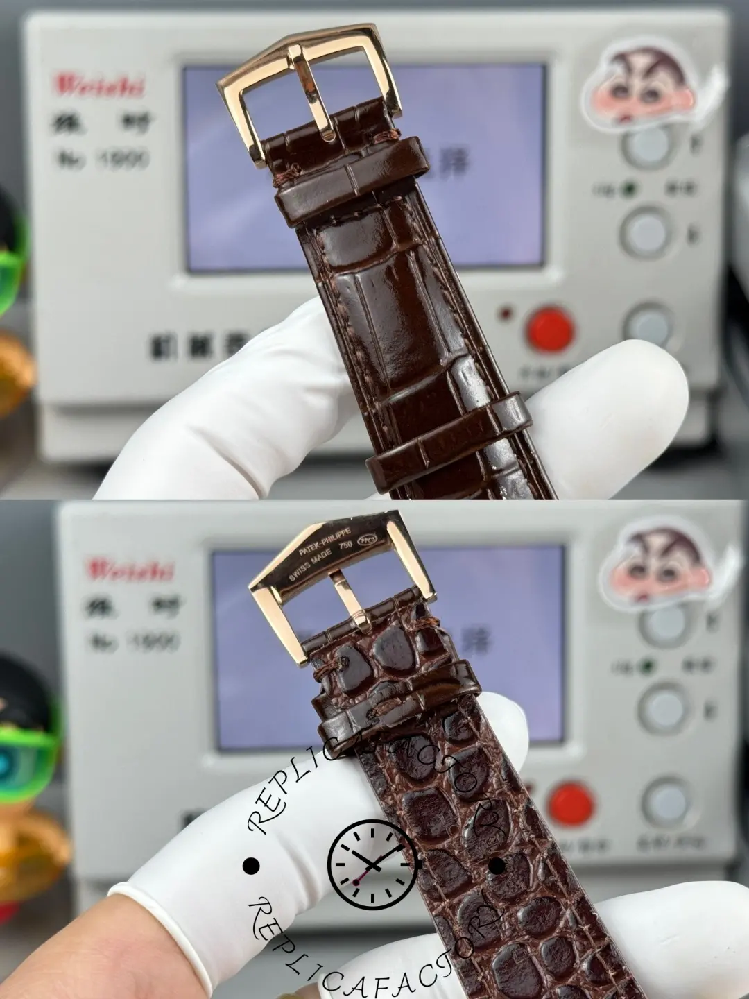 Rear view of Patek Philippe 5496R-001 replica strap showing engraved buckle.