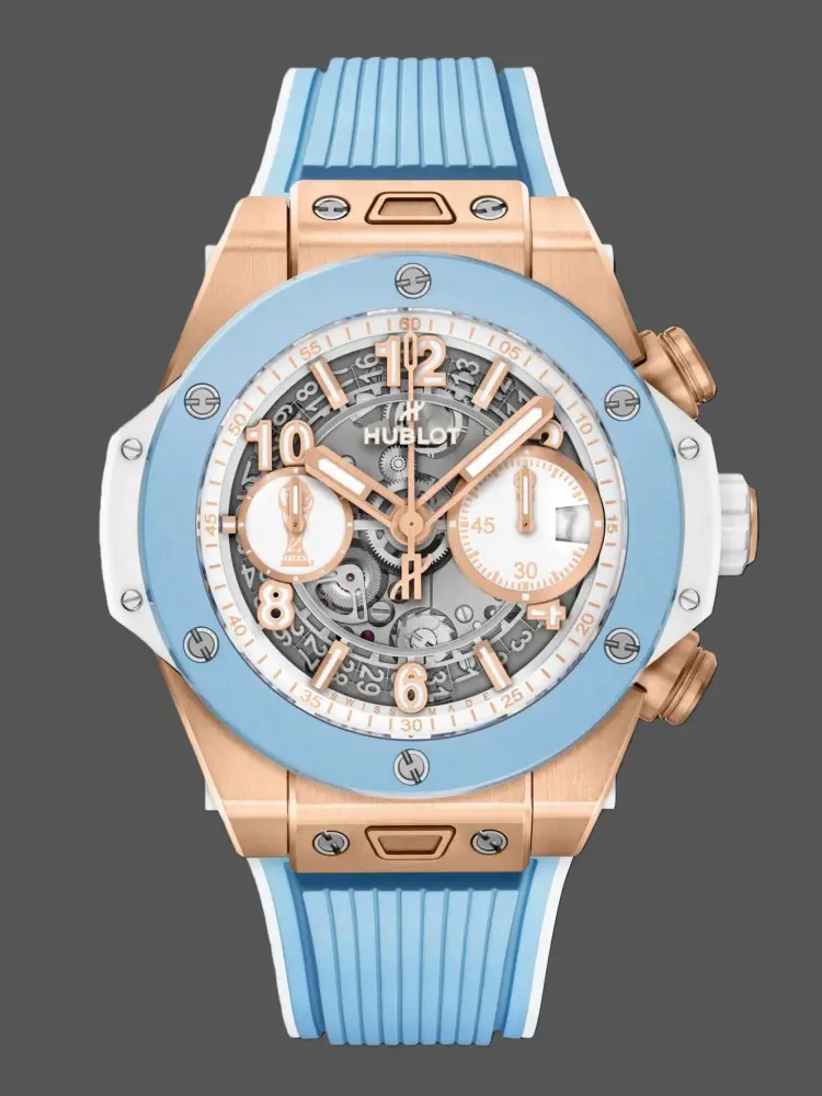 Front view of Hublot 441.OE.2080.RX.AFA24 showing blue bezel and skeleton dial.