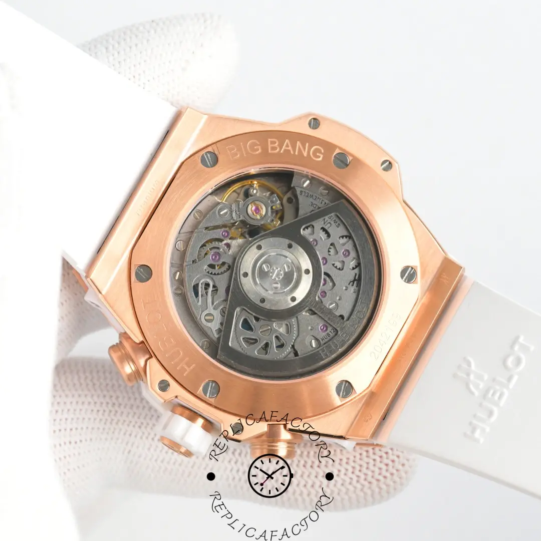 Exhibition caseback of Hublot 441.OE.2080.RX.AFA24 showing clone HUB1242 movement.