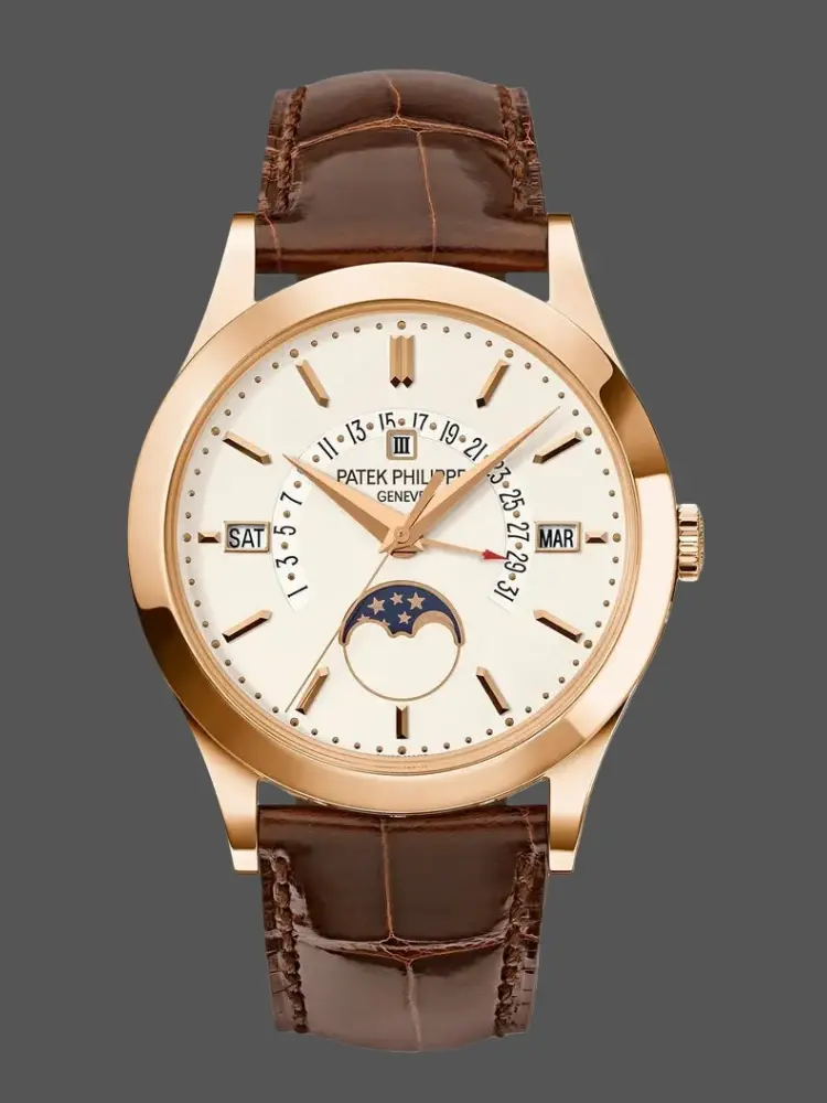 Front view of Patek Philippe 5496R-001 replica showing ivory dial and moonphase.