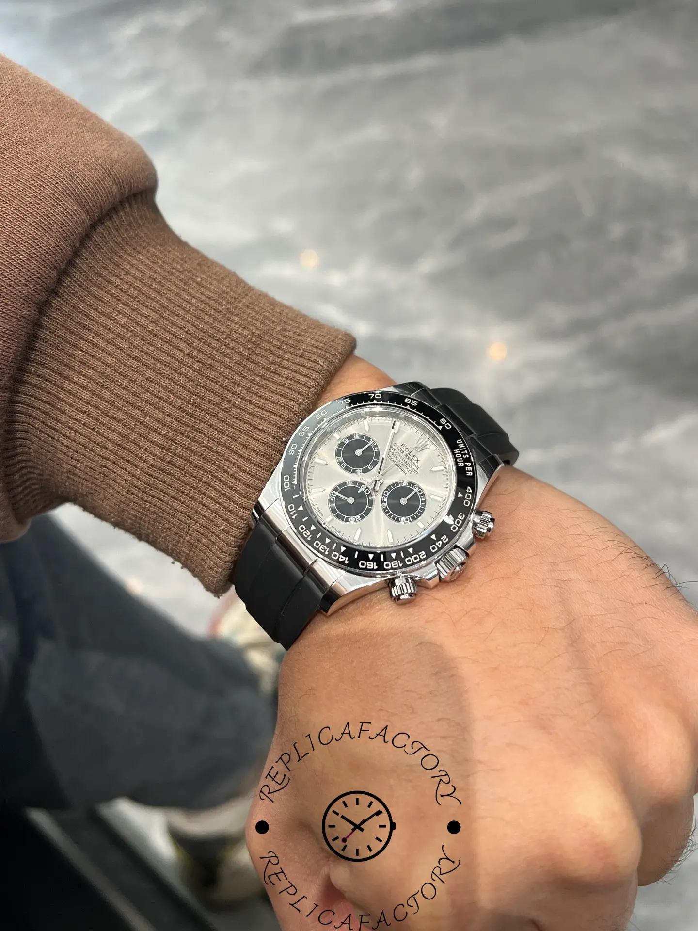 Angled wrist view of Rolex Daytona 126519LN emphasizing ceramic bezel and chronograph layout.