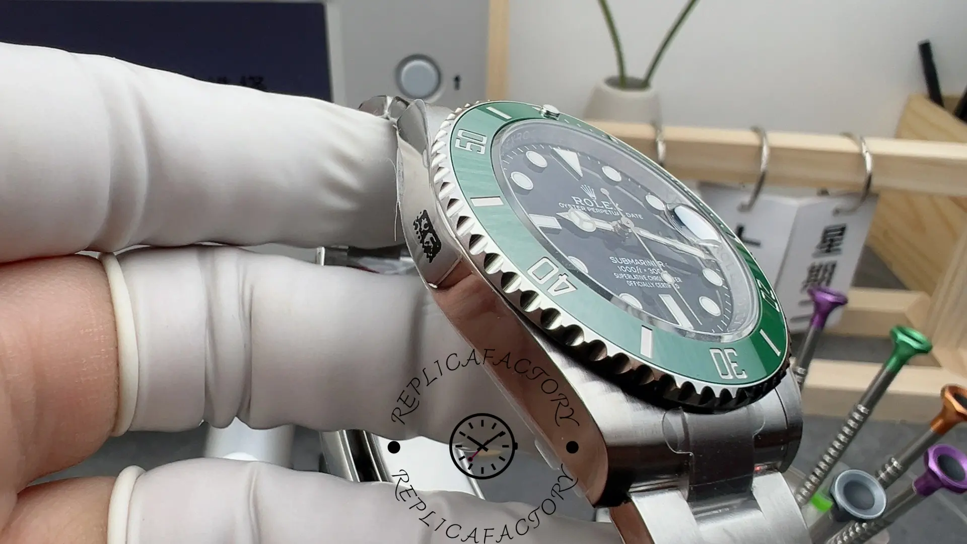 Side angle of the Rolex Submariner 126610LV showing bezel teeth and polished case.