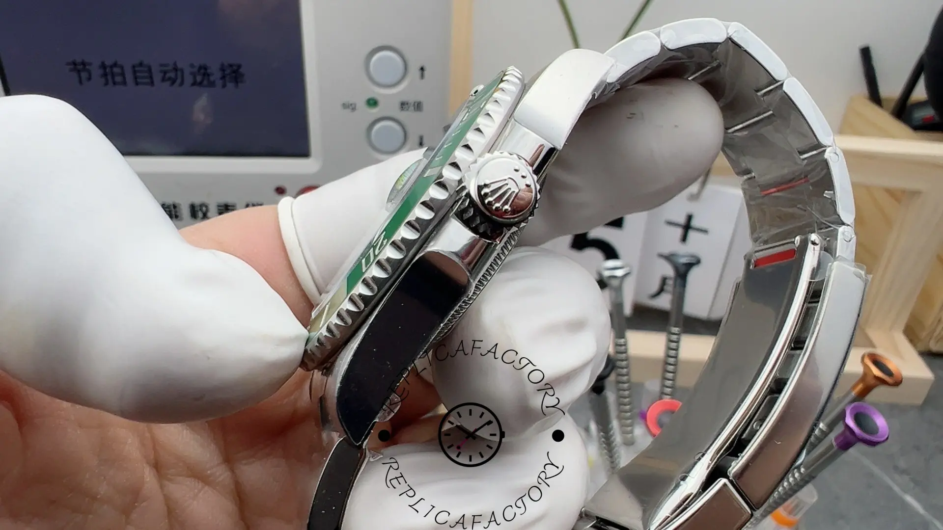 Crown-side view of the Rolex Submariner 126610LV showing the Rolex logo crown.