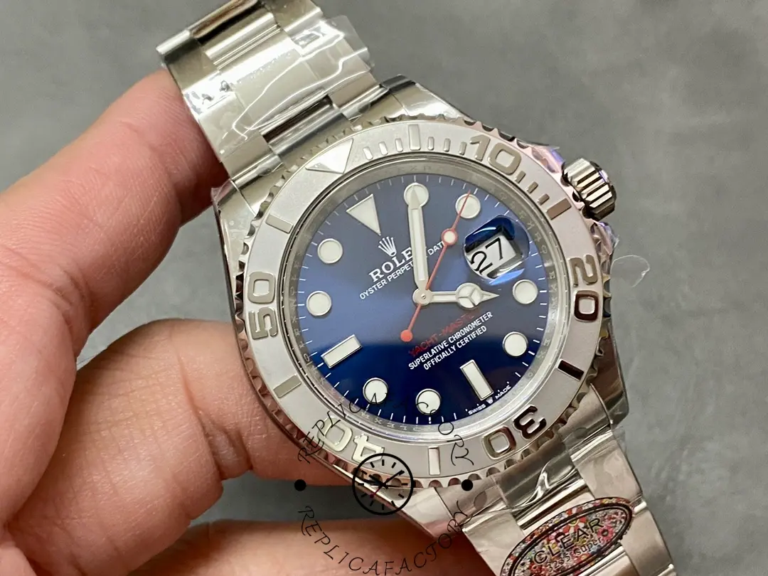 Close-up of Rolex Yacht-Master 126622 replica dial with luminous markers and red seconds hand.