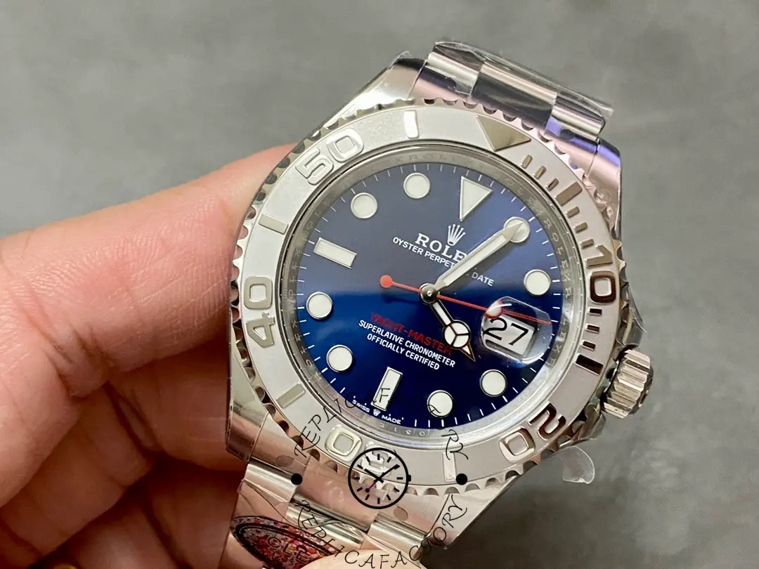 Angled view of Rolex Yacht-Master 126622 replica highlighting bezel engravings.