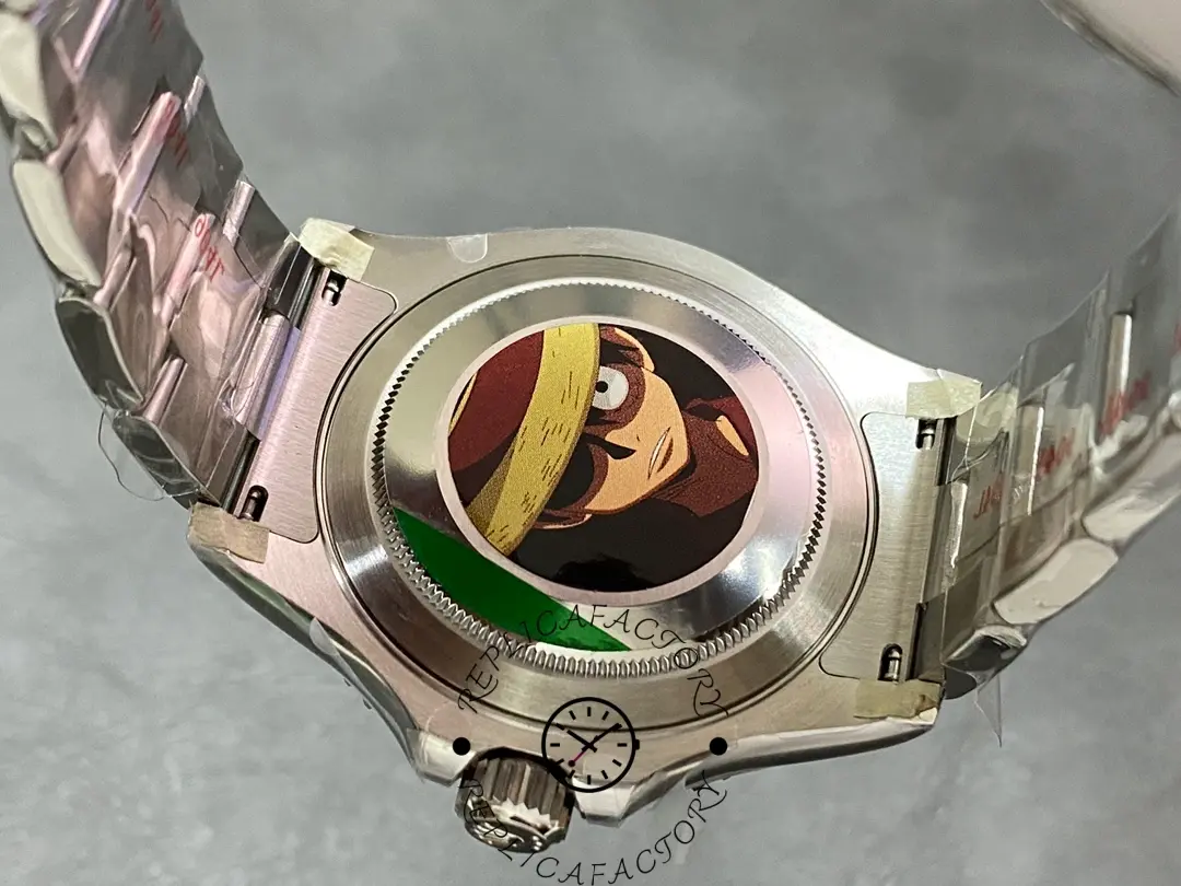 Caseback view of Rolex Yacht-Master 126622 replica with decorative sticker.
