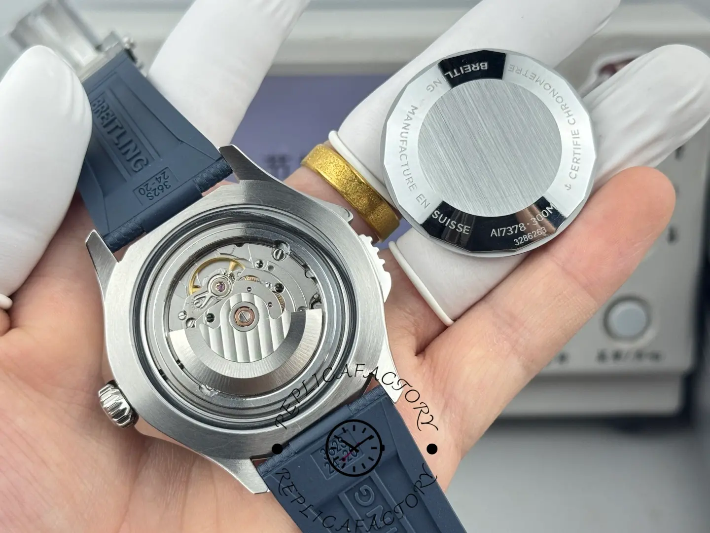 Open caseback of Breitling Superocean A17378211B1S1 replica showing movement.