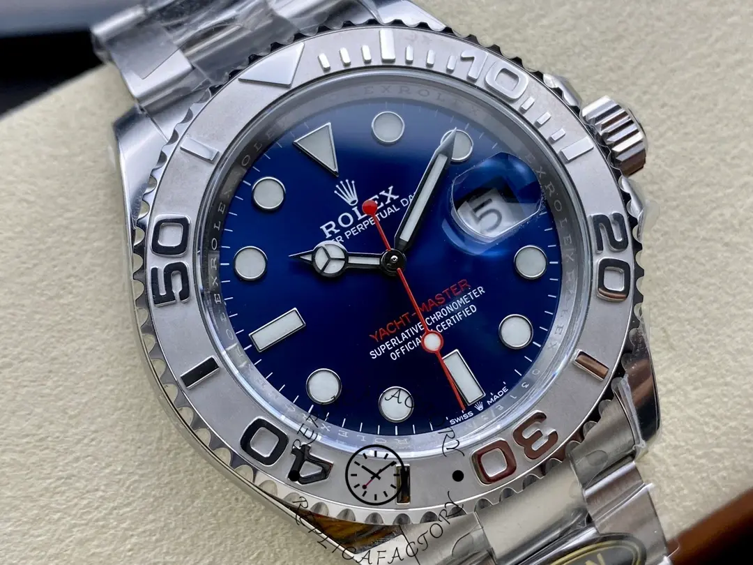 Angled view of Rolex Yacht-Master 126622 highlighting blue dial, raised bezel numerals, and Cyclops lens.