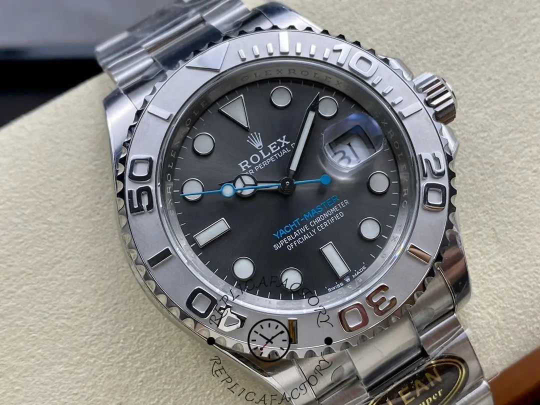 Close-up of the Rolex Yacht-Master 126622 dial with blue seconds hand and platinum bezel detail.