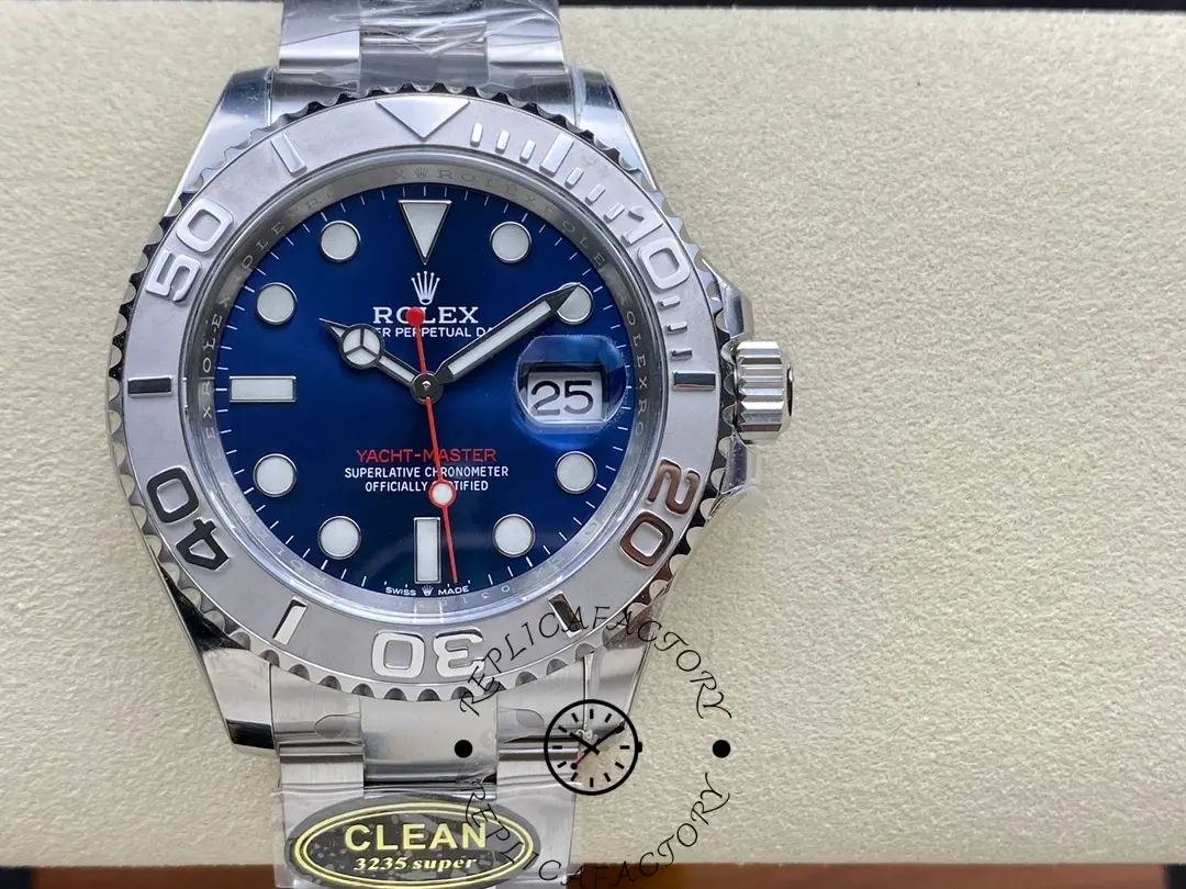 Close-up of Rolex Yacht-Master 126622 showing blue dial, platinum bezel, and date window at 3 o’clock.