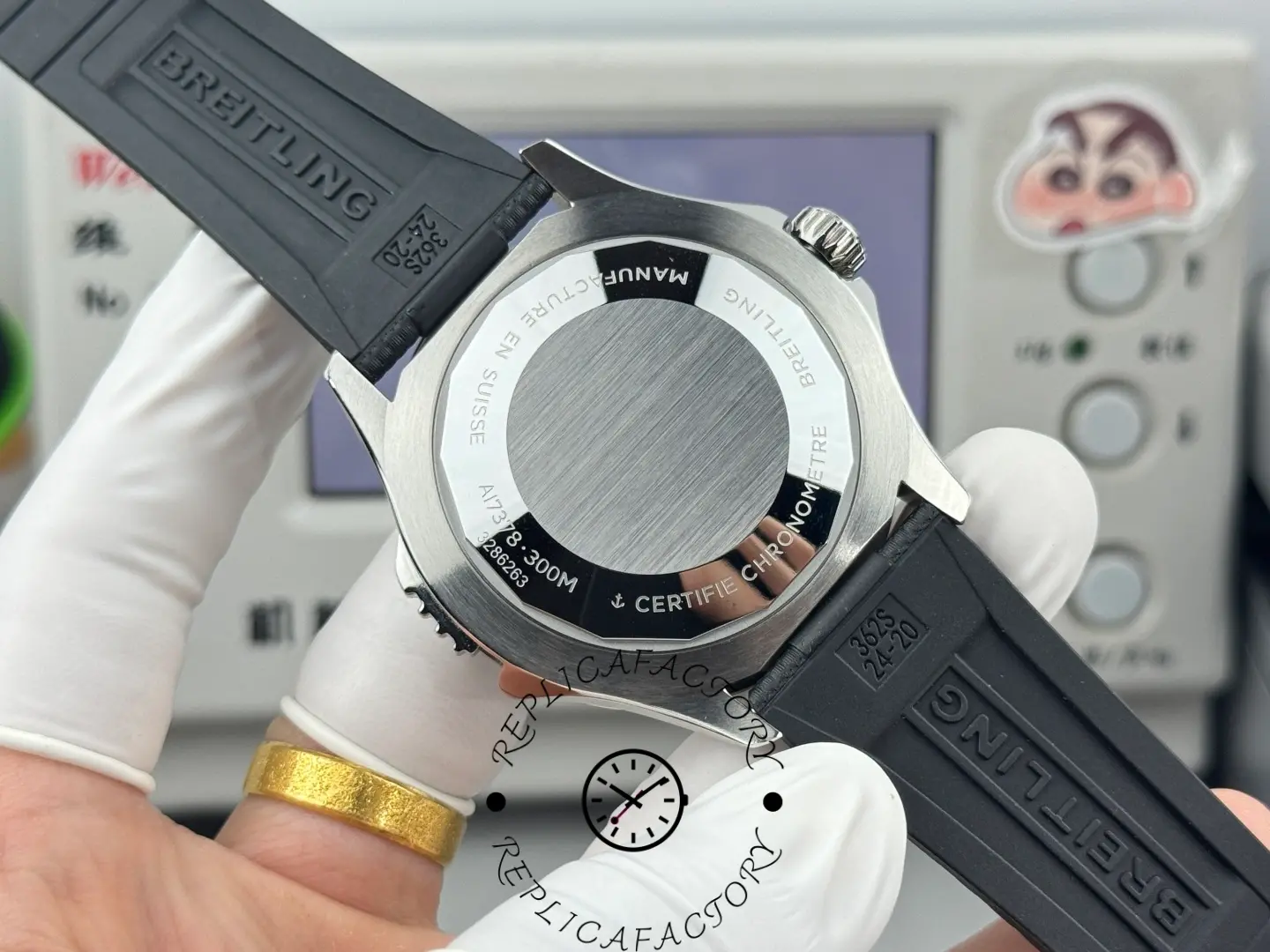 Caseback of Breitling Superocean A17378211B1S1 replica with engraved markings.