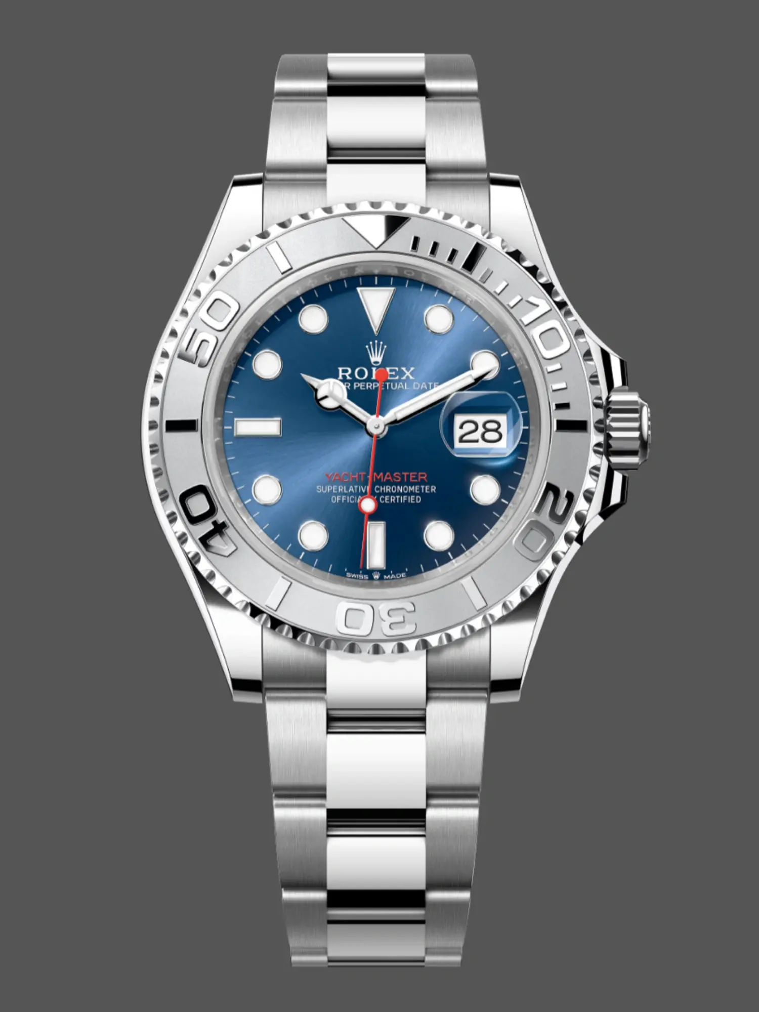 Front view of Rolex Yacht-Master 126622 replica with blue dial and platinum-tone bezel.