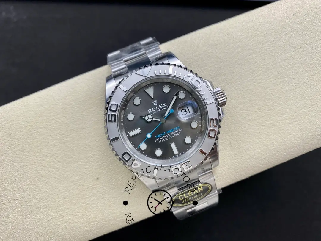Full angled shot of the Rolex Yacht-Master 126622 with platinum bezel and Oyster bracelet.
