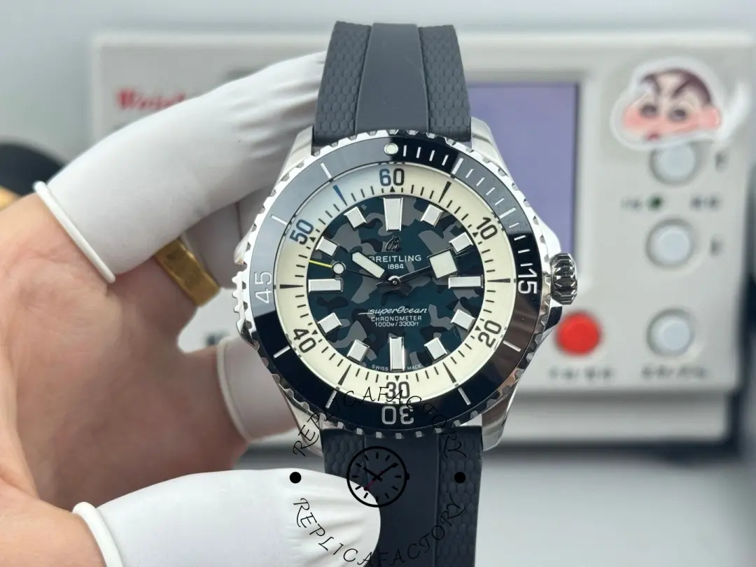 Front view of Breitling Superocean E10379351B1S1 replica showing camo dial and rotating bezel.