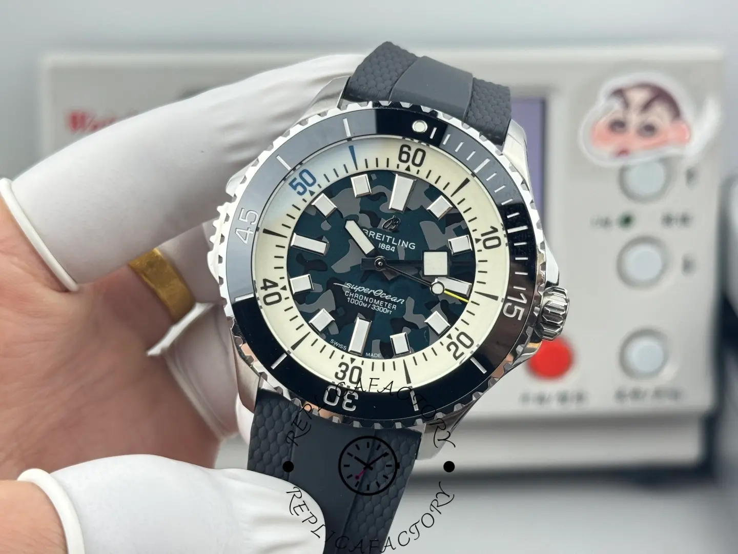 Close-up of Breitling Superocean E10379351B1S1 replica dial with bold indexes and camo pattern.