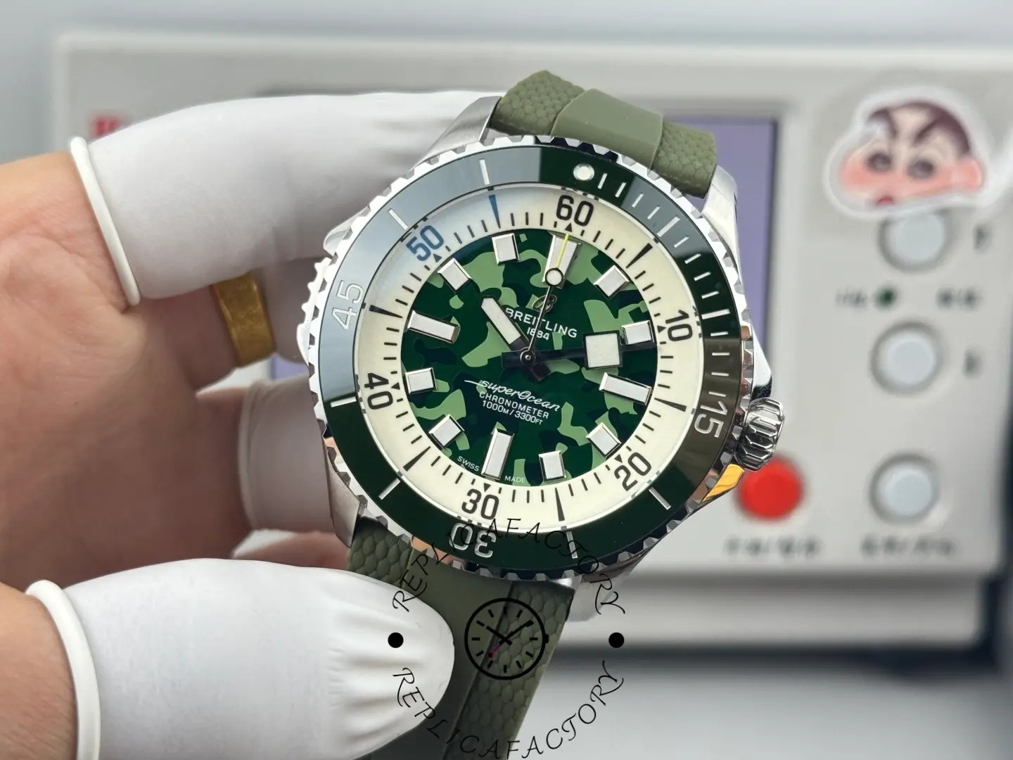 Close-up front angle of Breitling E10379D31L1S1 highlighting camo pattern and markers.