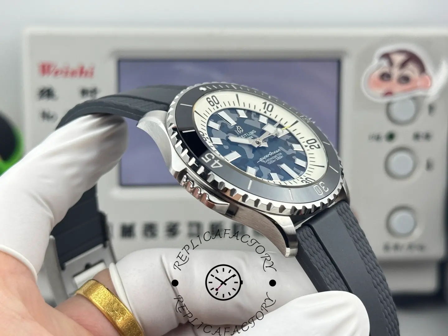 Side angle of Breitling Superocean E10379351B1S1 replica highlighting steel case finish.