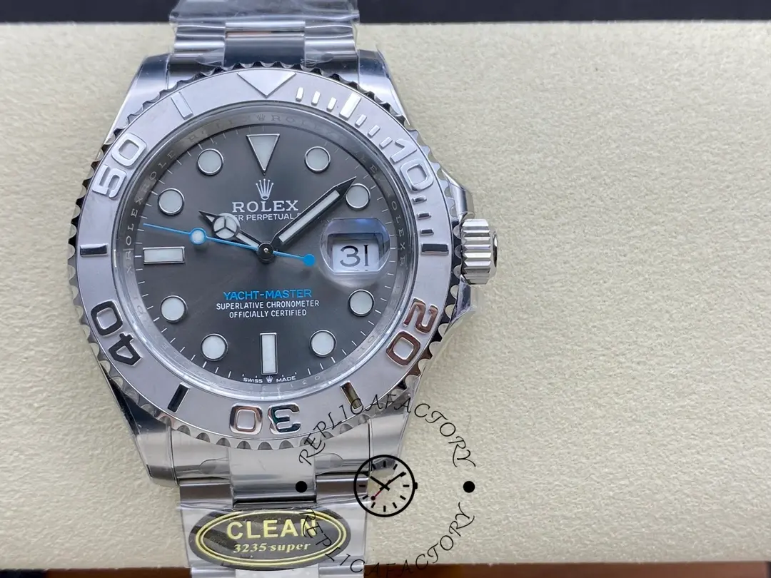 Front view of the Rolex Yacht-Master 126622 showing the dark rhodium dial and platinum bezel.