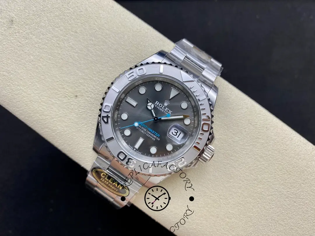 Angled view of the Rolex Yacht-Master 126622 showing the rhodium dial and bezel engraving.