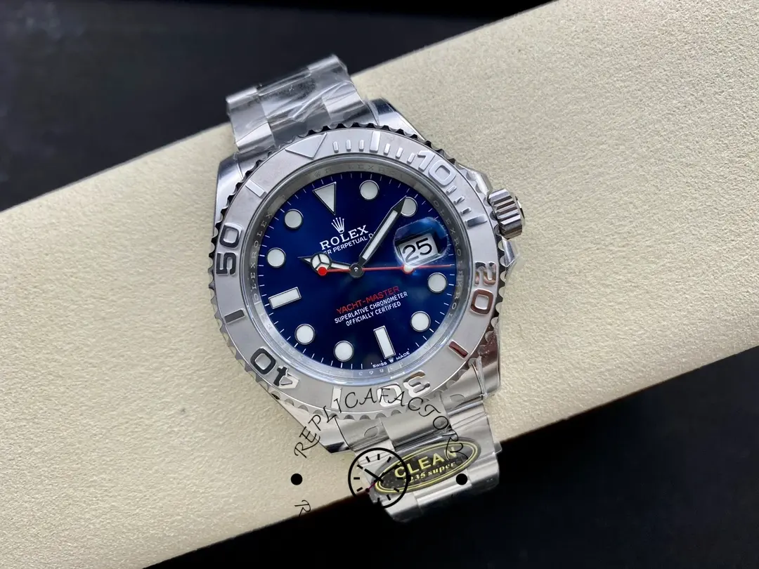 Full front view of Rolex Yacht-Master 126622 with platinum bezel and blue dial on bracelet.