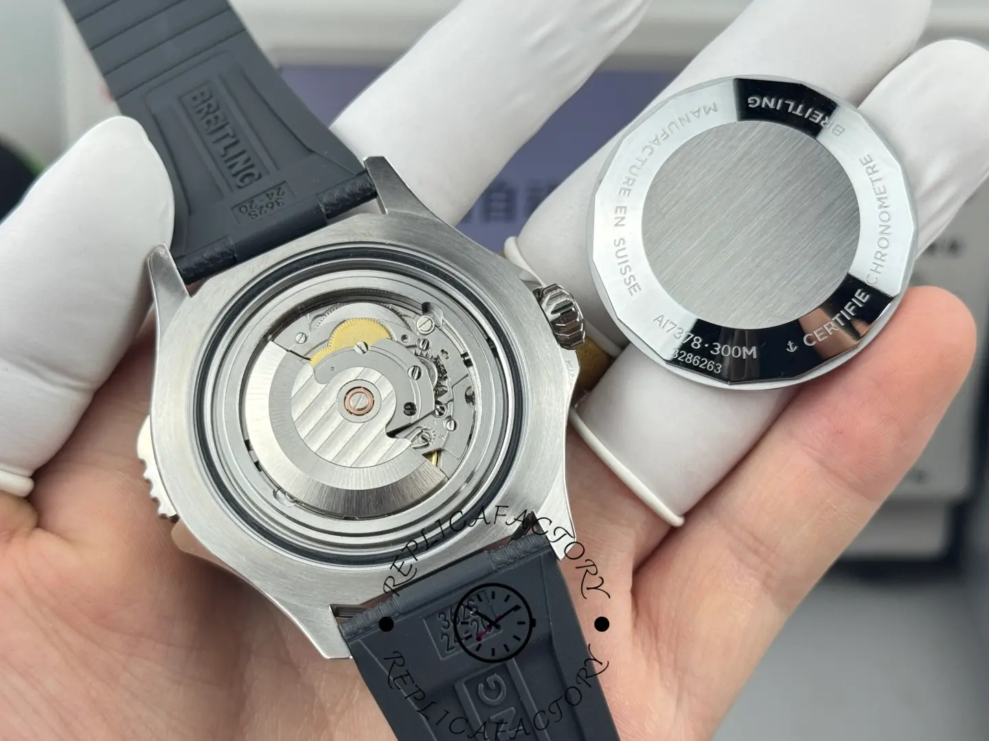 Back view of Breitling Superocean E10379351B1S1 replica showing automatic movement.