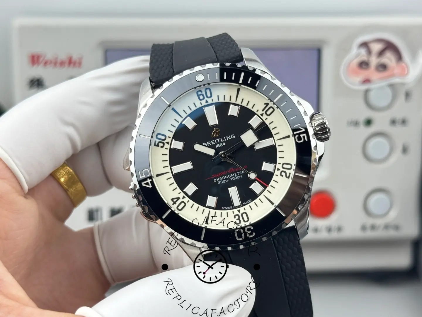 Close-up of Breitling Superocean A17378211B1S1 replica highlighting luminous markers.