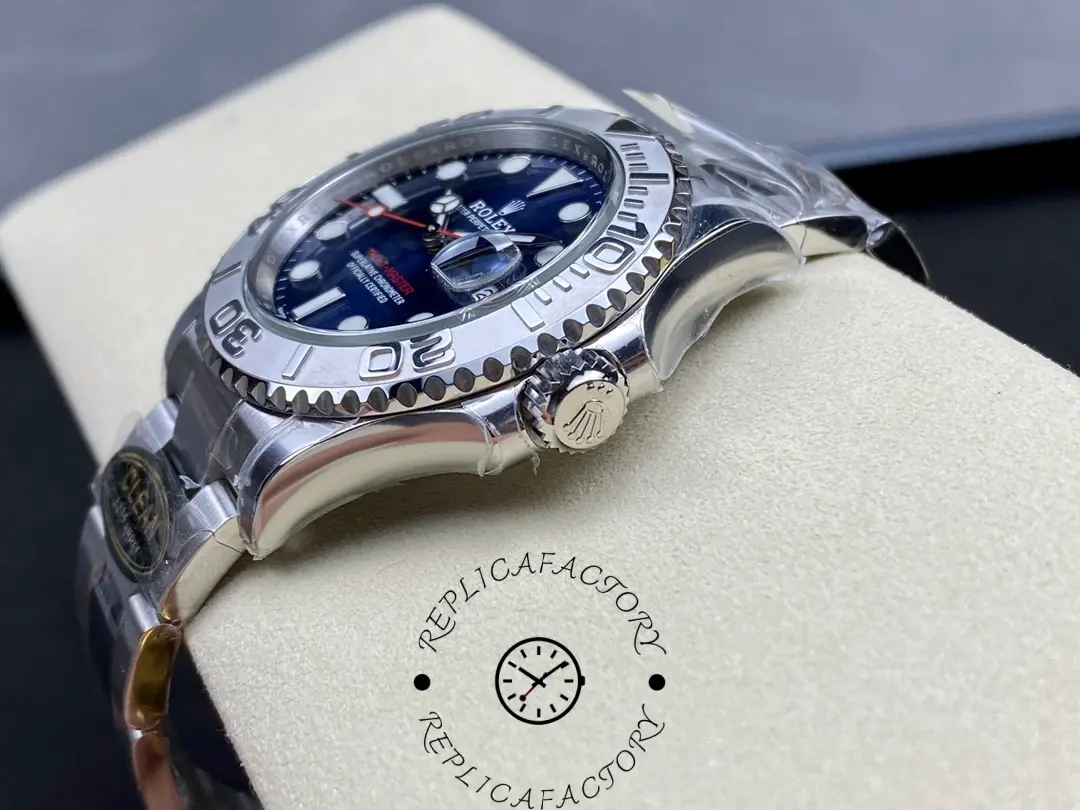 Crown-side view of Rolex Yacht-Master 126622 showing screw-down crown and case curvature.