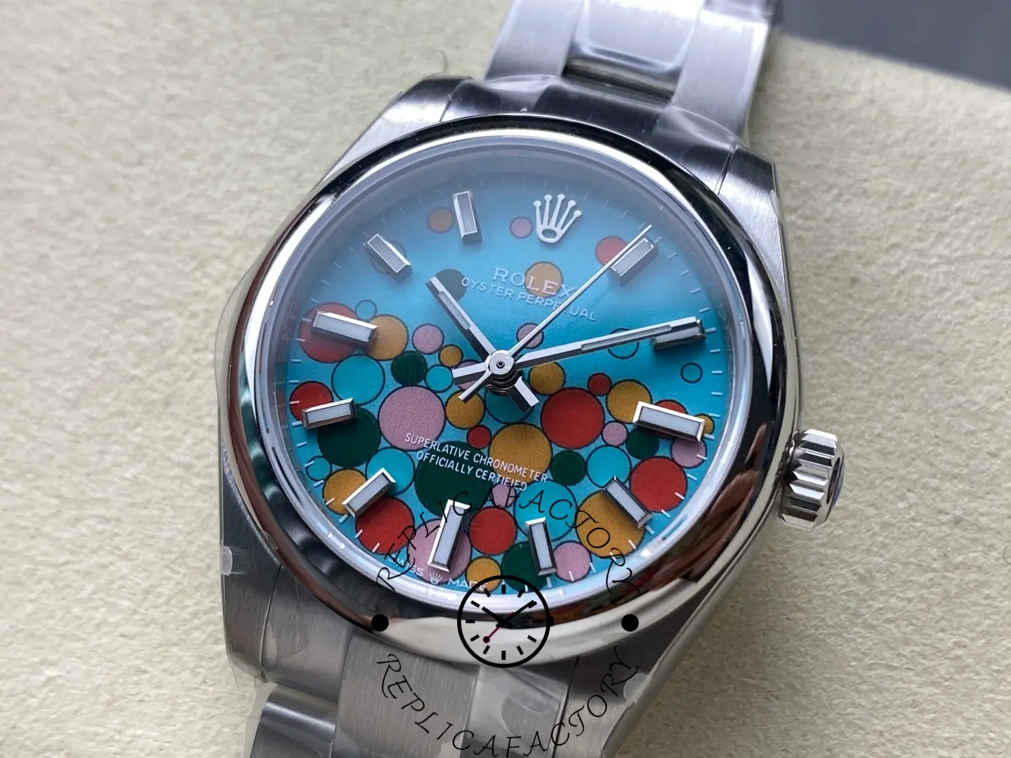 Replica Rolex 277200 detailed dial view featuring vibrant bubble patterns.