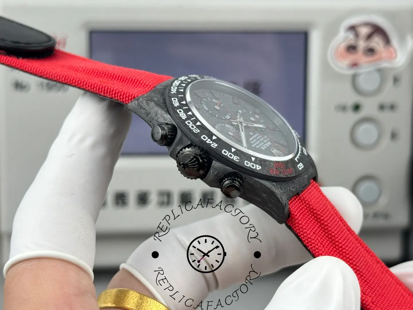 Right-side view of Daytona DIW NTPT Carbon Red Edition with crown and pushers.