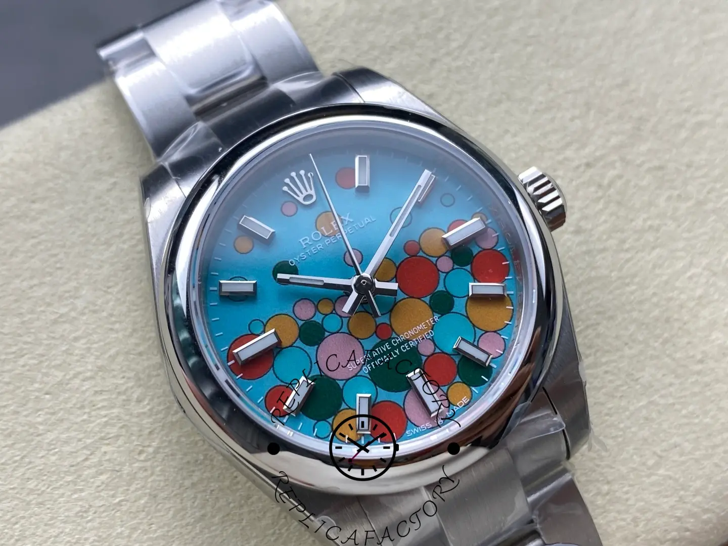 Angled view of replica Rolex 277200 highlighting dial colors and steel case.