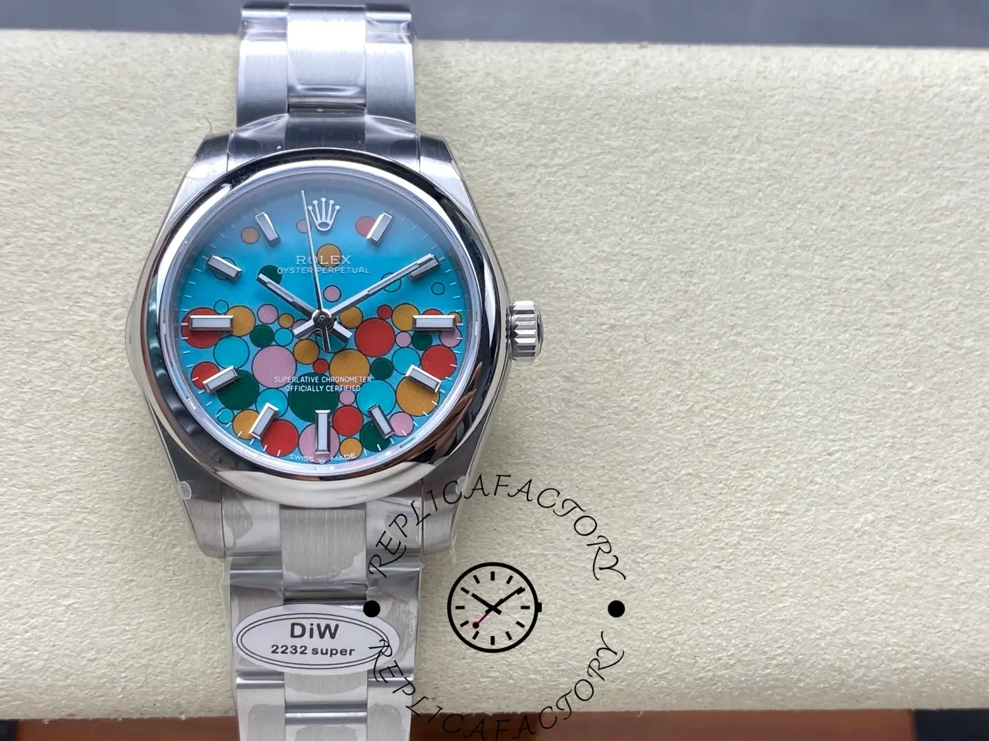 Close-up of replica Rolex 277200 showing colorful bubble dial and polished markers.