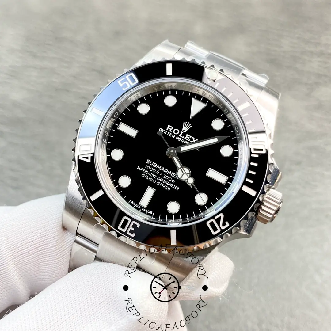 Close-up of Rolex Submariner 114060 dial showing hands, markers, and bezel details.