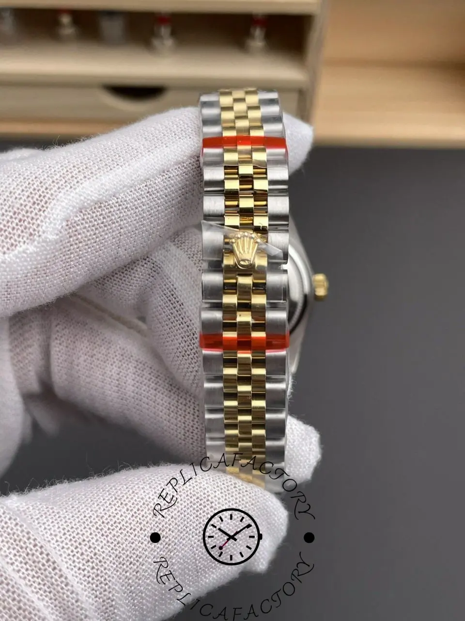 Clasp view of Rolex 279163-0005 replica showing Jubilee bracelet and clasp logo.