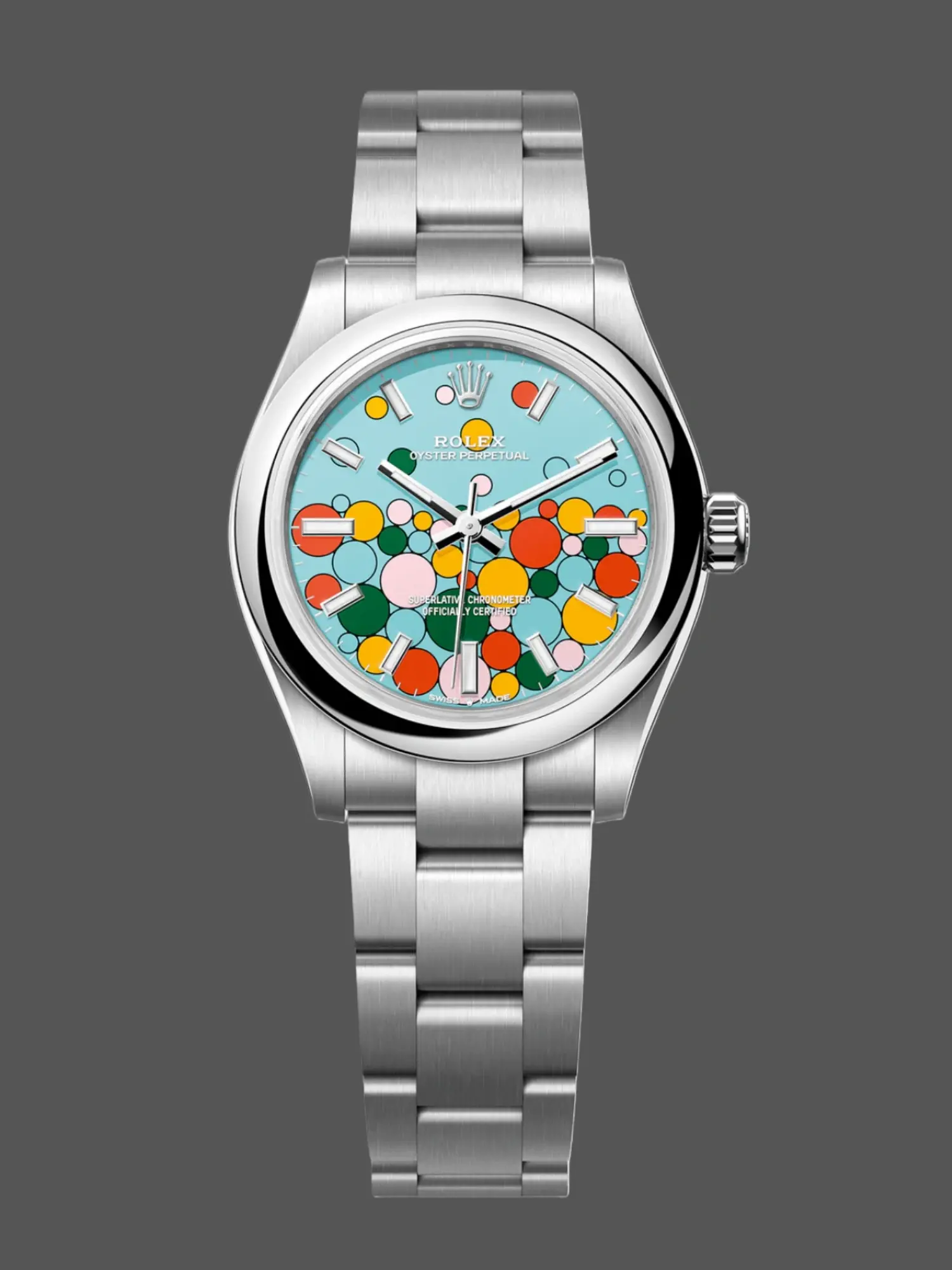Front view of replica Rolex 277200 with turquoise celebration dial and steel bracelet.