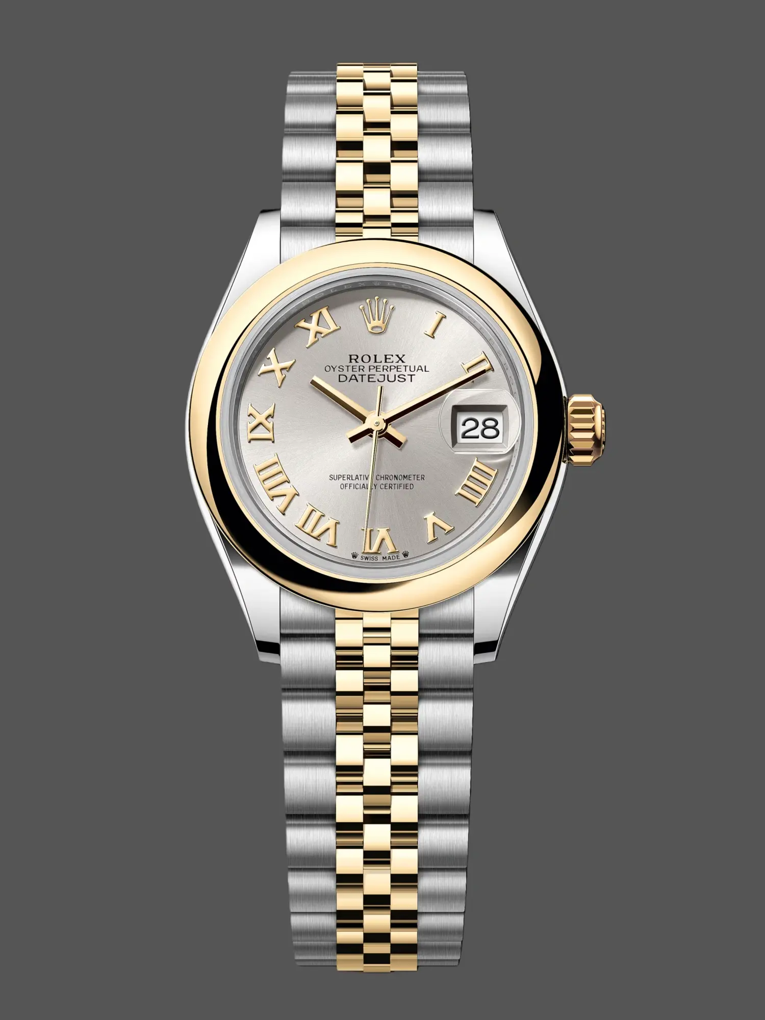 Front view of Rolex Lady-Datejust 279163-0005 replica showing silver Roman dial and two-tone Jubilee bracelet.