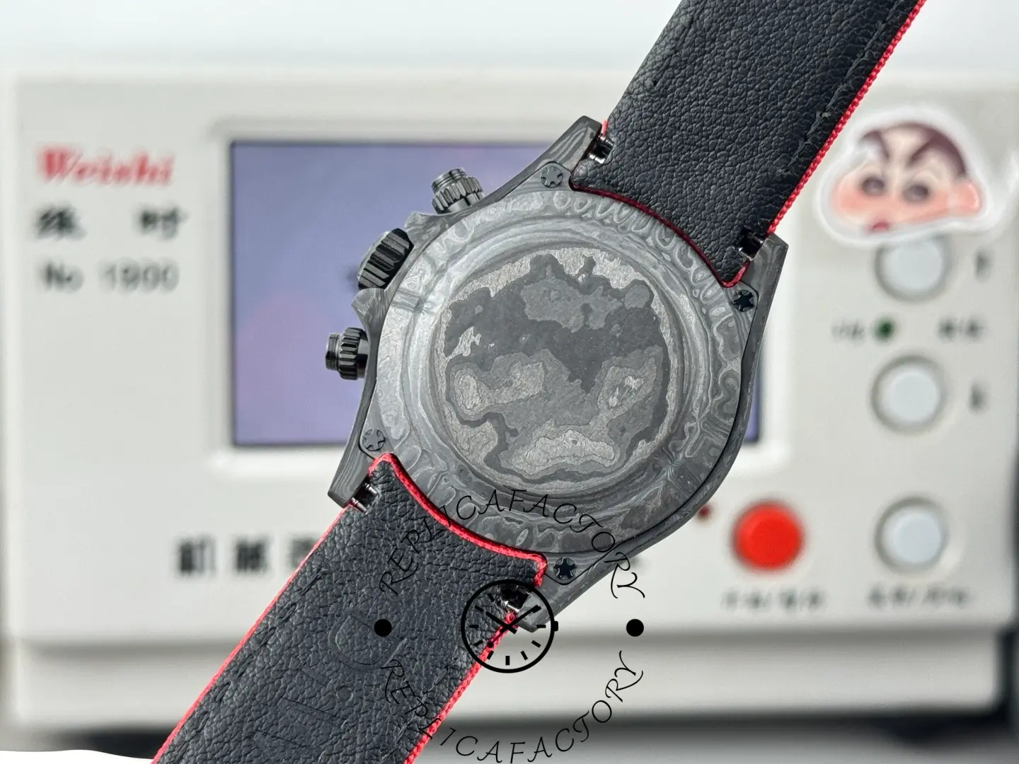 Back view of Daytona DIW NTPT Carbon Red Edition showing carbon engraved caseback.