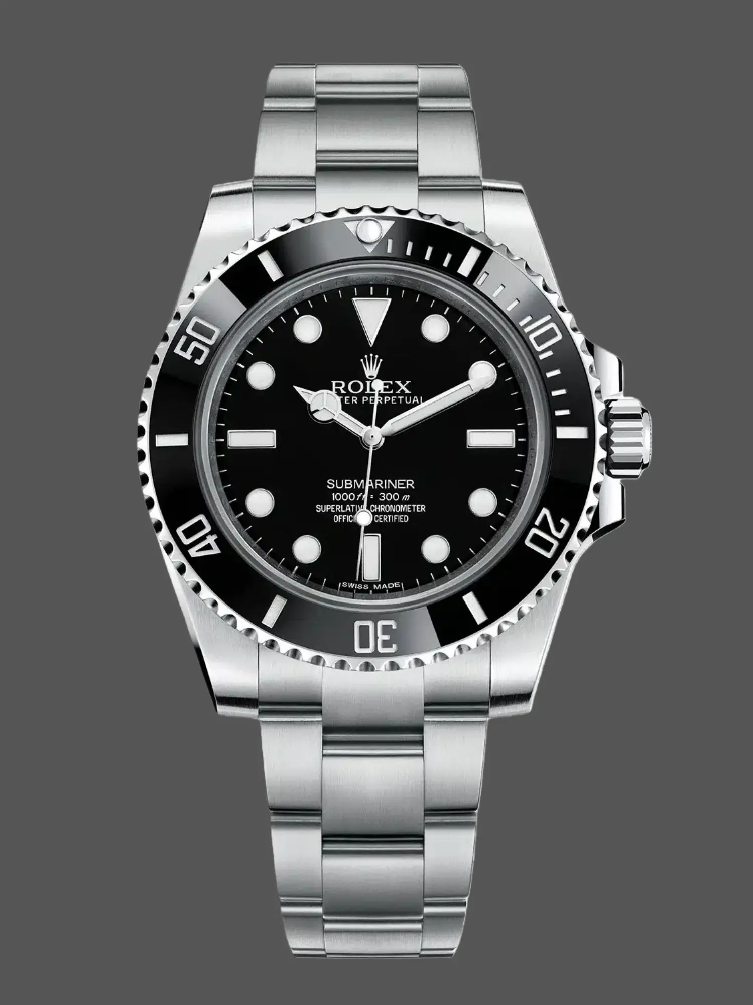 Front view of Rolex Submariner 114060 showing black dial, ceramic bezel, and stainless steel Oyster bracelet.