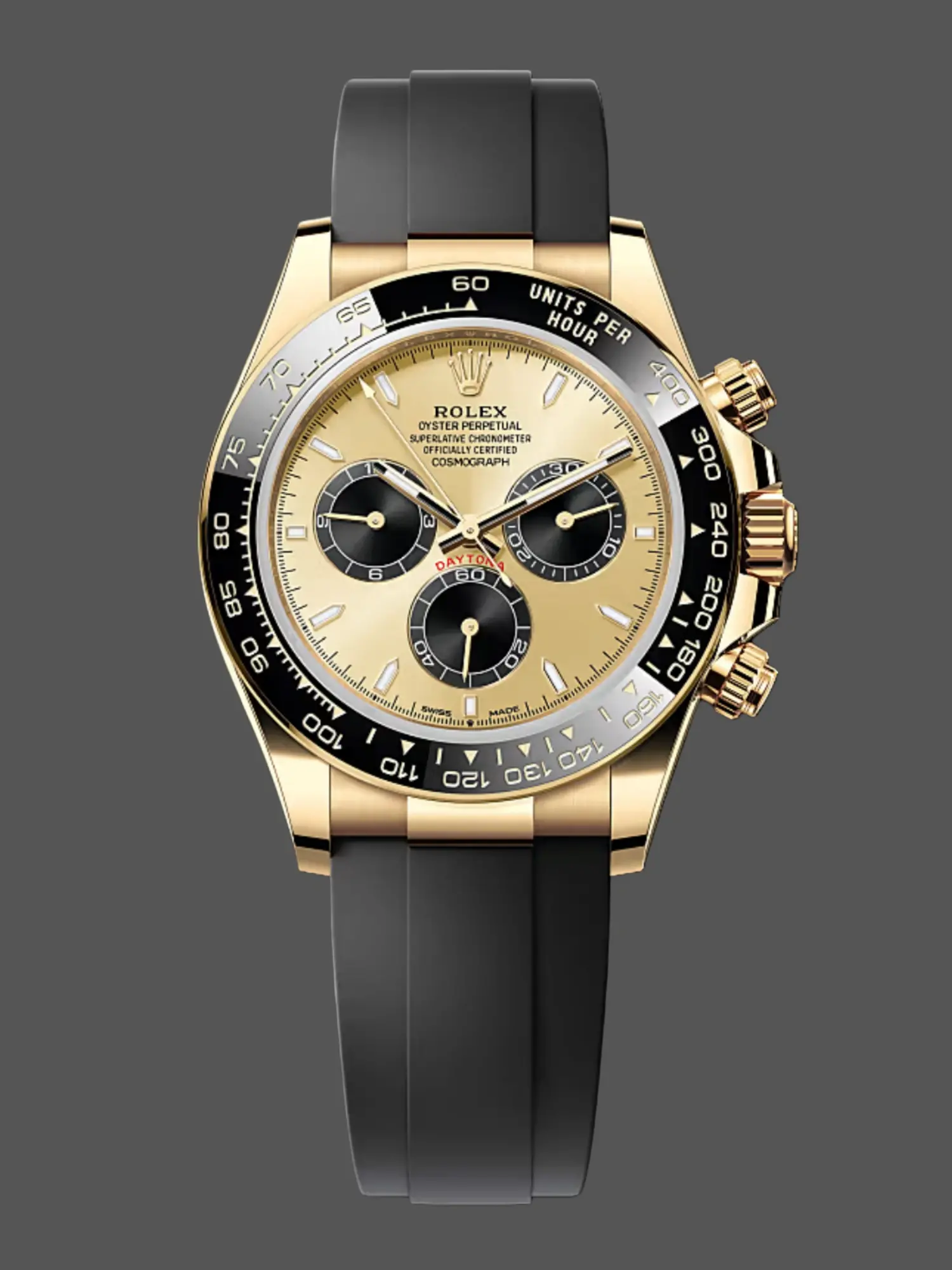 Official render of Rolex Cosmograph Daytona 126518LN yellow gold with black ceramic bezel.