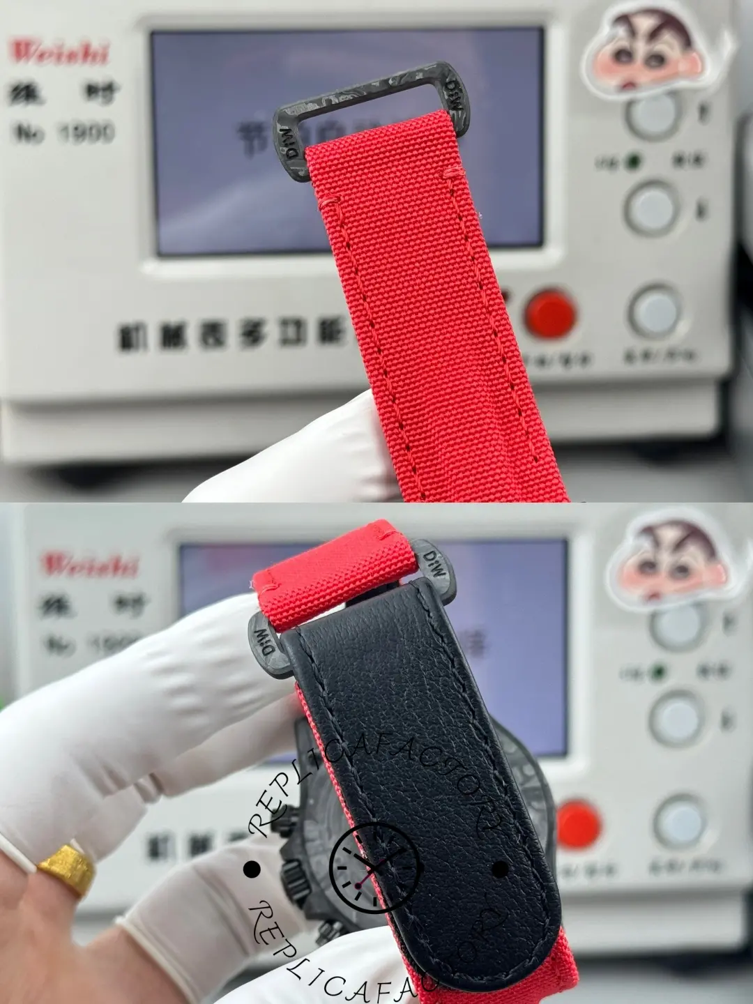 Buckle view of Daytona DIW NTPT Carbon Red Edition with red strap and carbon hardware.