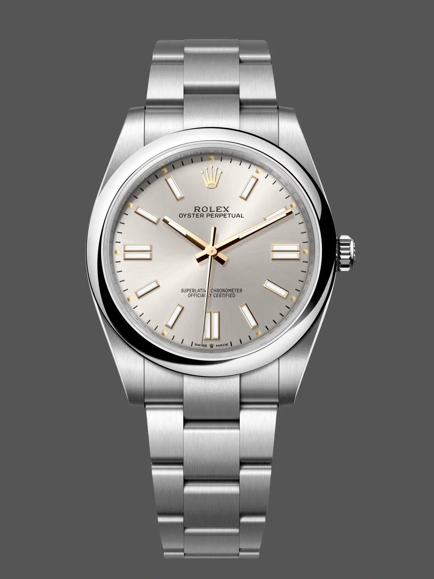 Front view of Rolex Oyster Perpetual 41 M124300-0001 replica with silver dial and steel bracelet.