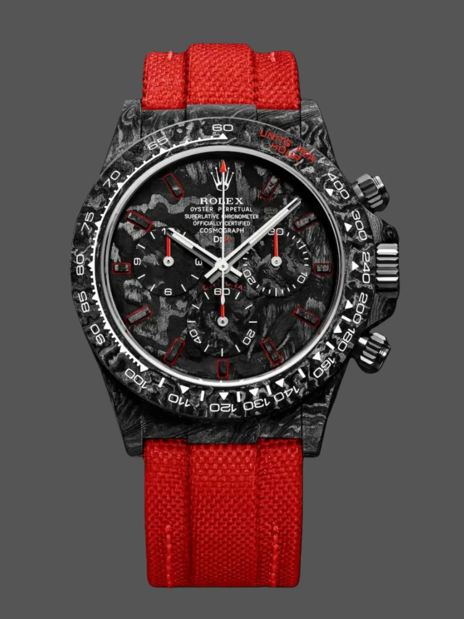 Front view of Rolex Daytona DIW NTPT Carbon Red Edition with carbon dial and red strap.