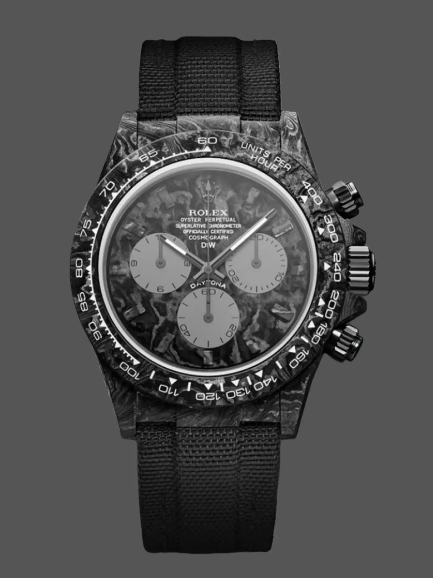 Front view of the DiW Daytona DW showing carbon dial and white subdials.