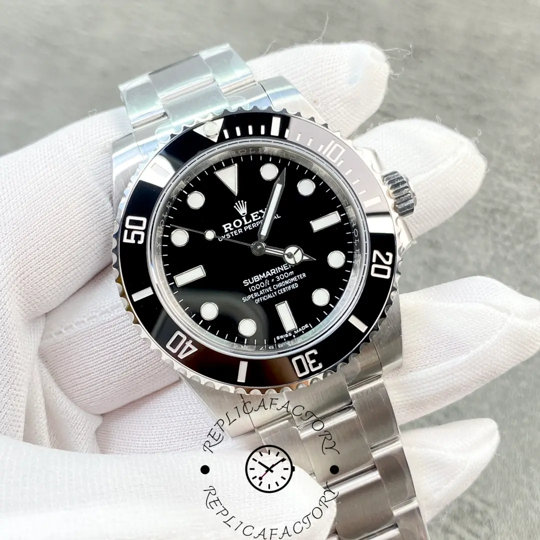 Angled view of Rolex Submariner 114060 highlighting the ceramic bezel and stainless steel case.
