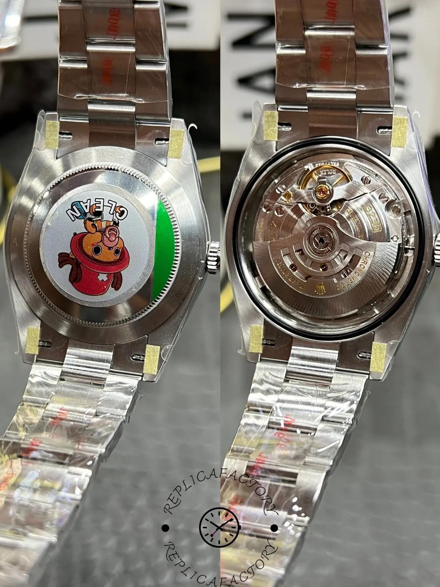 Exposed movement view of Rolex M124300-0001 replica featuring automatic rotor.