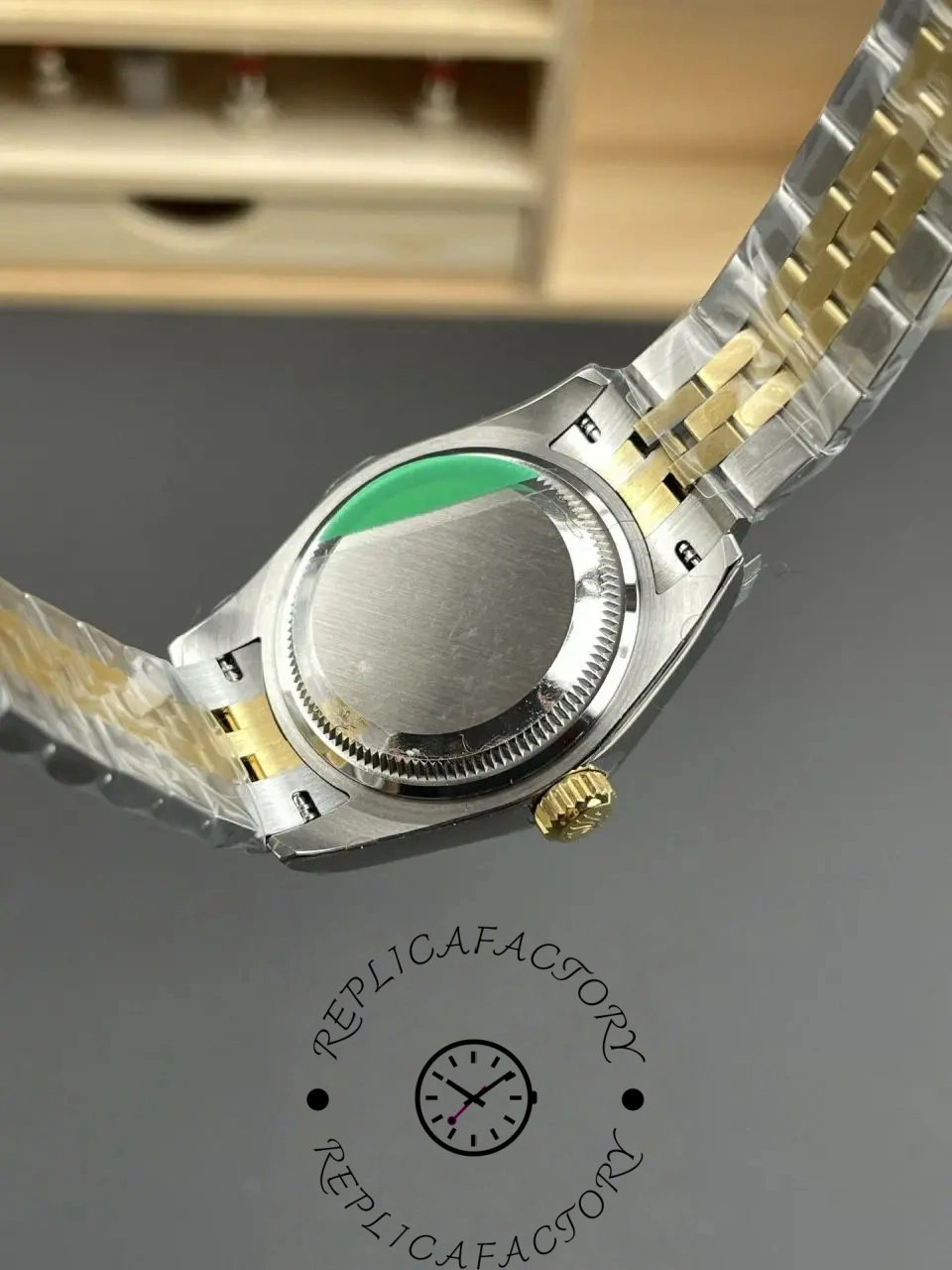 Back view of Rolex Lady-Datejust 279163-0005 replica showing solid caseback and bracelet links.
