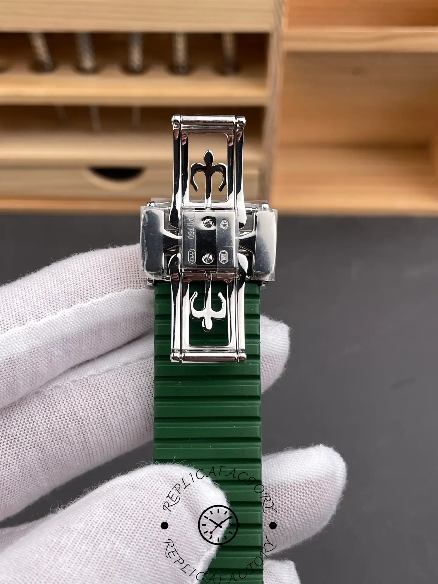 Deployant clasp of the Patek Philippe 5261R replica with polished steel finish.
